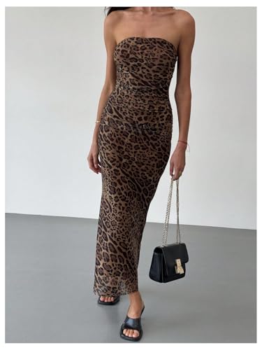 Image of GORGLITTER Women's Strapless Mesh Dinner Cocktail Tube Maxi Dress Y2K Summer Wedding Guest Sunset Prom Beach Sundresses Brown Leopard Small