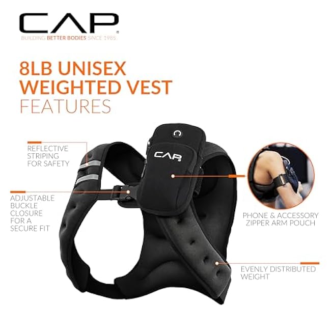 CAP Barbell 8LB Weighted Vest ¨C Unisex Workout Vest with Phone Pouch, Reflective Strips, and Adjustable Fit for Walking, Running, Cardio, and Strength Training | Black or Blue