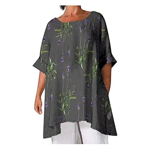 Alwayswin T-shirt dam plus size toppar enfärgad rund hals halvärmar T-shirt lös retro elegant tunika stor storlek sommar casual T-shirt toppar, B-mörkgrå, 3XL