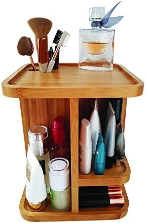 Vorsure Eco-friendly Natural Bamboo Wooden Rotating 360° Make Up Cosmetic Carousel Organiser Storage Shelves - Dressing Table, Bathroom, Salon - Versatile, Large Capacity, Sustainable, Multiple Use