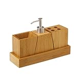 El set de accesorios de baño está compuesto por 1 dispensador, 1 portacepillos y 1 vaso, fabricados con madera natural de bambú de color marrón, vienen con una bandeja de apoyo, y están diseñados para encajarse uno al otro.