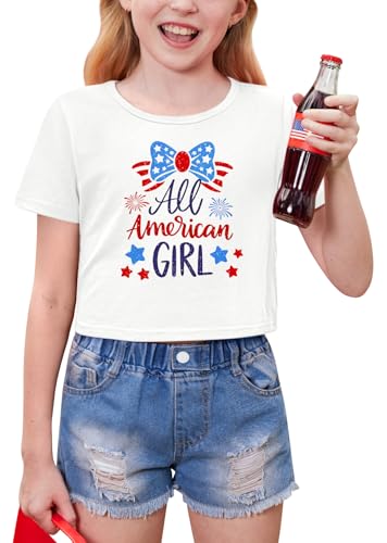 Image of BesserBay Kids Girls 4th of July Crop Tops American Flag Red White Blue Patriotic Bows USA Flag T-Shirts 6-14 Years