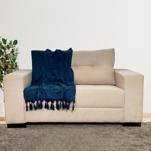 Jogo Manta Xale para Sofá Artesanal com Franjas Grande 2,80 x 3,50 com 2 Almofadas cheias (131 AZUL