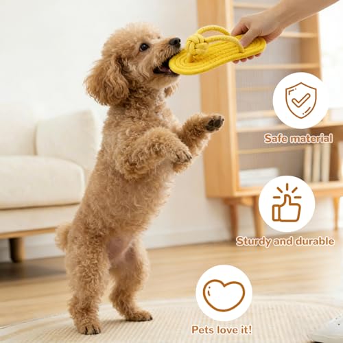 ARYIMYDP 1 Juguete para Perro en Forma de Chancla Amarilla con Cuerda de Cáñamo, Peluche Suave y Chirriante para Perros Pequeños y Cachorros, Juguete Interactivo para Masticar y Jugar - imagen 3