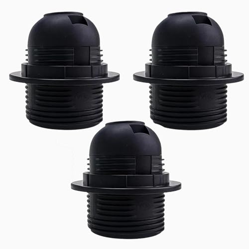 3pcs E27 Lamp Holder – Black Bakelite Bulb Holder with Locking Mechanism | Screw Fitting for Table Lamp, Pendant Light & DIY Lighting, Secure Shade Ring & 10mm Threaded Entry