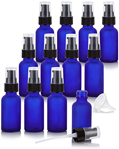 1 oz / 30 ml Frosted Cobalt Blue Glass Boston Round Bottle with Black Treatment Pump (12 pack) + Funnel