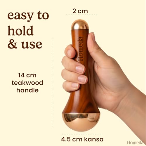 Image of Kansa Wand for Foot Massage with Teak Wooden Handle for Pain Relief | Kasa Kasya Vati for Face |Kansa Vati | Kashyachi Swakansa Vati for Body Wellness, Detox & Relaxation (Dual Bronze Cup)
