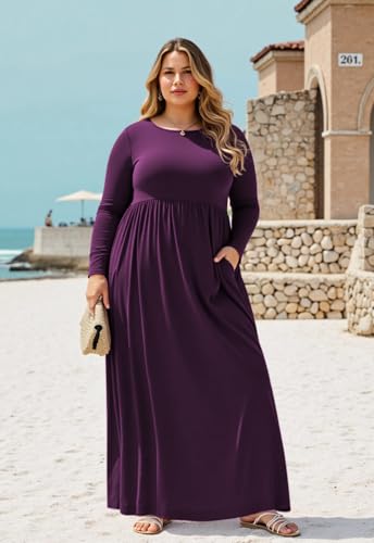 Image of Nemidor Plus Size Maxi Dress for Curvy Women Fall Casual Loose Long Sleeve Dresses with Pocket 14-26
