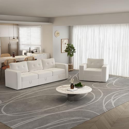 Image of QHITTY Modular Sofa, 4 Seater Accent Couch with Hidden Extra Large Storage Space for Living Room, Beige White