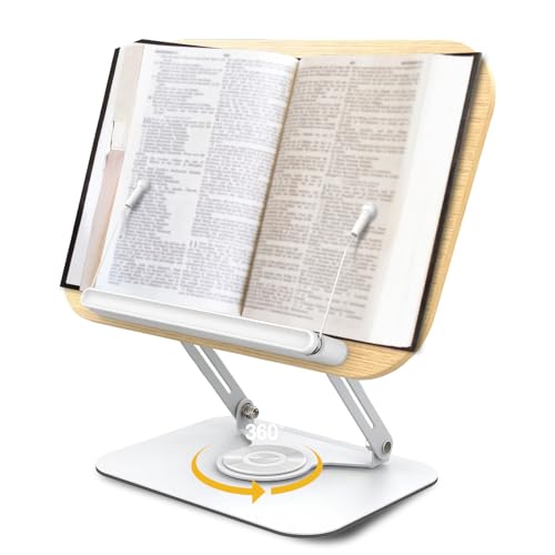 Soporte de lectura, soporte ajustable de madera para libros de cocina, giratorio 360°, soporte plegable para leer, expositor con clip lateral para recetas, revistas, tablets, portátiles, elegantes
