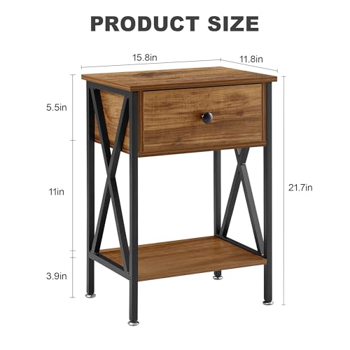 VECELO Nightstands Set of 2, Modern Bedside End Tables, Night Stands with Drawer and Storage Shelf for Living Room Bedroom, Industrial Metal Frame