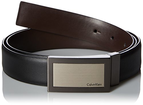 Calvin Klein Men's Plaque Buckle 32mm Reversible Belt, black/Brown, 36