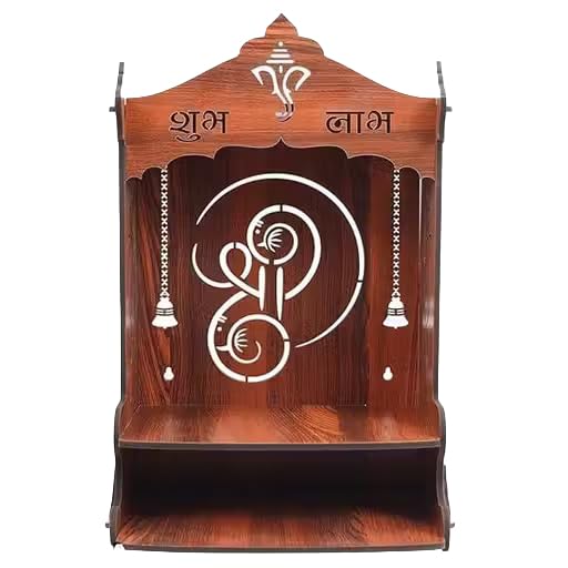 Wooden Home & Office Temple, Brown, Shubh Labh Design, Wall Mounted Mandir with Bells, Home Pooja Decor-image-11