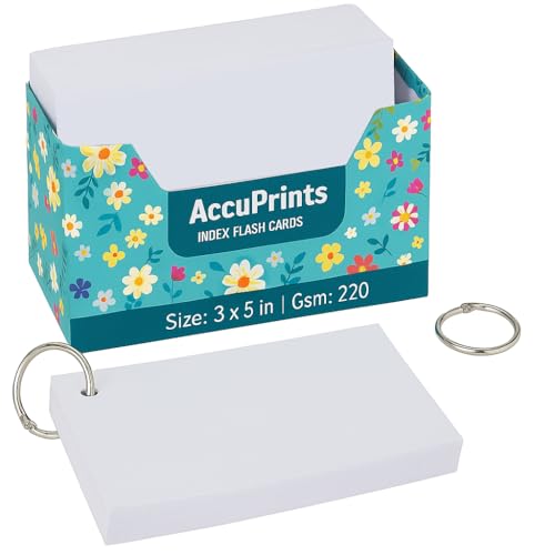 Image of AccuPrints Unruled Index Flash Card - 3x5 inch, White, 200 Cards, 220 GSM - with Free Binder Rings for Short Notes, Cue Cards, Exam, Interview Preparation (3x5 inch Plain - 200 Sheets)
