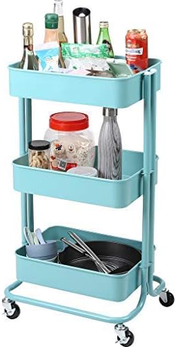 Rackaphile 3-Tier Utility Cart, Heavy-Duty Rolling Storage Cart with Mesh Basket, Multi-Purpose Metal Trolley Organizer Cart with Casters for Bathroom Kitchen Kids’ Room Laundry Room, Blue