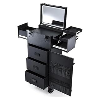 Makeup Case on Wheels with Drawers Beauty Trolley with Lighted Mirror Make Up Rolling Case Hairdressing Trolley on Wheels Lockable with Detachable LED Mirror, Black