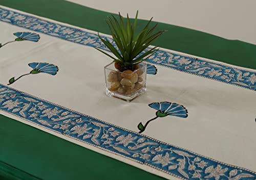 Image of Ravaiyaa - Attitude is Everything Hand Block Printed Cotton Table Runner | Floral Printed Table Runner for Home Decor, Kitchen | 60 x 16 Inch-(Turquoise Floral)