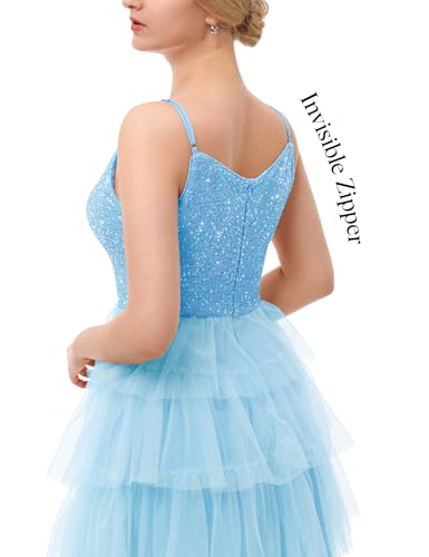 Image of Dressystar 2026 Women's Tiered Sparkly Sequin Glitter Formal Prom Dress Mini Spaghetti Strap Tulle Cocktail Party Dresses