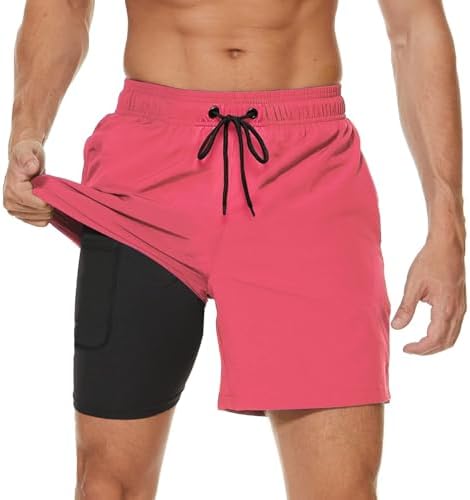 Arcweg Badehose für Herren mit Kompression Liner 2 in 1 Atmungsaktiv Badeshorts Männer Elastisch Trainingsshorts Verstellbar Tunnelzug mit Reißverschlusstaschen