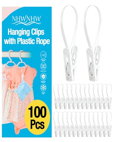 100 Pack Multi Purpose Laundry Hanging Clips with Rope White - Strong Grip Hanging Clips for Baby Hangers Pants Socks Towels & Closet Organization Multi-Purpose Laundry Drying Hooks