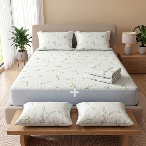 Image of AYKA Combo Pack Waterproof Mattress Protector & 2 Pillow Protectors | King Size 78x72 Inch | 100% Waterproof Bamboo Bed Protector | Breathable, Noiseless Mattress & Pillow Covers | 6.5 x 6 ft | White