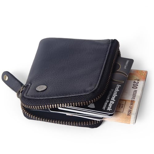 Image of Destinio Card Holder Wallet for Men Women - Genuine Leather, Branded Zippers, RFID Protection - ATM Debit Credit Card Holder, Slim RFID Protected Zipper Money Coin Purse (Black)