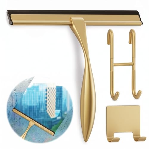 Image of Shower Door Squeegee with Hook - 10 inch Silicone Blade, Stainless Steel Gold Squeegee for Shower Glass with Adhesive Mount - All-Purpose Bathroom Tile, Mirror, & Window Wiper for Streak-Free Cleaning