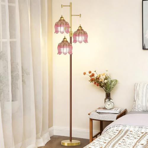 Image of Vintage Floor Lamps for Living Room 3 Light Glass Floor Lamp with Pink Glass Lampshape, Dimmable Flower Floor Lamp Gold Mid Century Modern Standing Lamp Tall Tree Wood Floor Lamp for Bedroom Corner