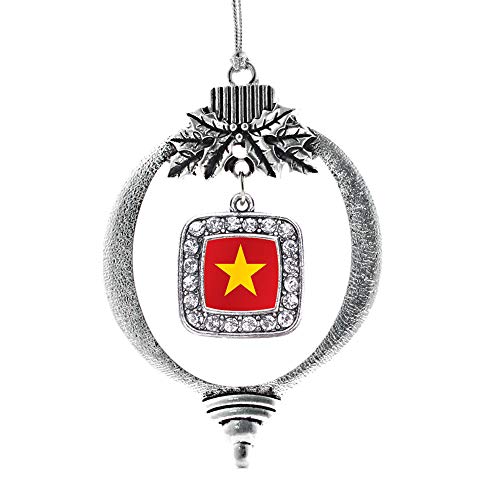 Inspired Silver - Vietnam Flag - Silver Christmas Ornament - Square Charm Christmas Tree Ornament with Cubic Zirconia - Holiday Hanging Decoration
