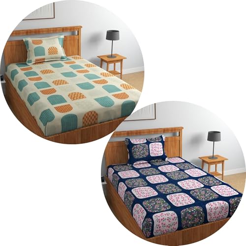 Image of Glace Cotton 220 tc Flat Single Bedsheets Combo Pack of 2 Bed Sheet for Breathable | Wrinklefree Super Soft (Size-60 X 90 Inch) with 2 Pillow Covers (Size-17 X 27 Inches) -Cream&NavyBlue