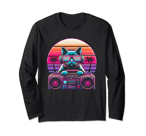 House DJ Cat 80s 90s Sunset Rainbow DJ Cat Men Women Kids Long Sleeve T-Shirt