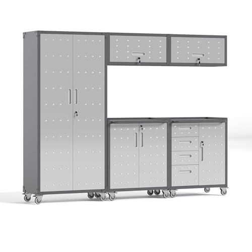 FLIXELIO 5 PCS Garage Storage Cabinets System Heavy Duty Workshop Set with Drawers Locking Rolling Cart with Adjustable Shelves Garage Tool Workbench Cabinets