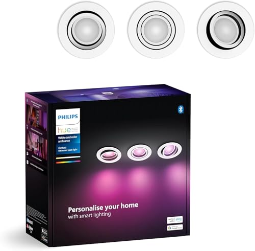 Philips Hue White & Color Ambiance Centura runde Einbauspots 3er Pack (1.050 lm), dimmbare Deckenlampen mit 16 Mio. Farben, smarte Lichtsteuerung über Sprache und App, weiß, neue Generation