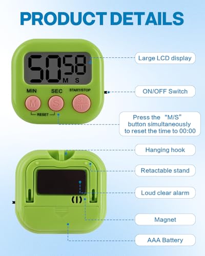4 PCS Kitchen Timer Magnetic Colorful Digital Timer Loud Alarm Countdown Stopwatch Clock with Stand for Cooking Study Gym Brushing Teeth Kids Classroom Home Use LCD Display (Blue,White,Pink,Green) - Image 5