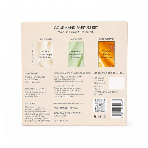 Image of OSSA Gourmand Parfum Miniature Set for Men & Women, 30ML (3 x 10ML) | Vanilla, Pista & Caramel Fragrances | Long Lasting Unisex Perfume Gift Set | Premium Travel Size Parfum Collection