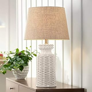 Helene Country Cottage Table Lamp Ceramic Rustic Cream White Glaze Linen Tapered Drum