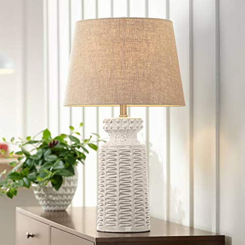 Helene Country Cottage Table Lamp Ceramic Rustic Cream White Glaze Linen Tapered Drum