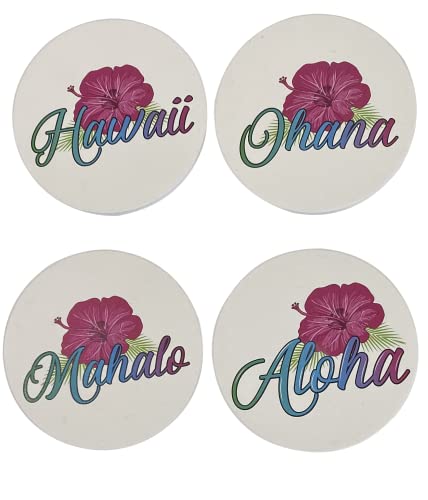 Aloha Designs Aloha Coasters for Drinks - Absorbent Drink Coasters Set 4 Pcs Aloha, Ohana ,Hawaii, Mahalo Absorbent Coasters with Cork Base for Table, Home Decor, Housewarming Gift with Aloha Decal