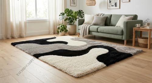 Image of Tauhid Carpet Super Soft Microfiber Shaggy Area Rug Modern Abstract Grey Black & White Plush Carpet | Fluffy Floor Rug for Living Room, Bedroom 2x5 Feet Runner.