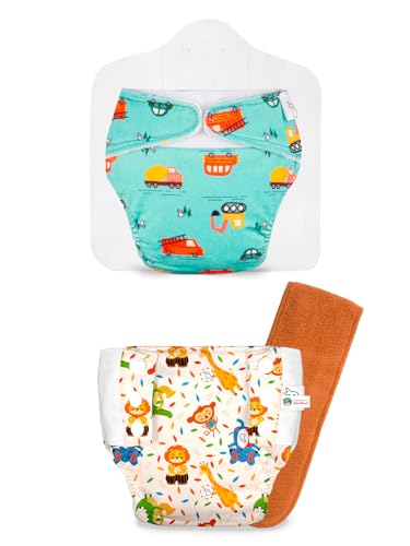 Image of SuperBottoms Little Wheels Freesize UNO Supersoft Cloth Diaper with Velcro + Jungle Beats UNO Cloth Diaper Pants + 1 DryFeel Magic Pad - Reusable Freesize Combo