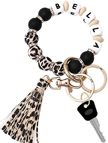 Munchewy Personalized Silicone Bead Keychain Bracelet Wristlet for Women House Car Keys Ring Holder Bangle Chains Tassel