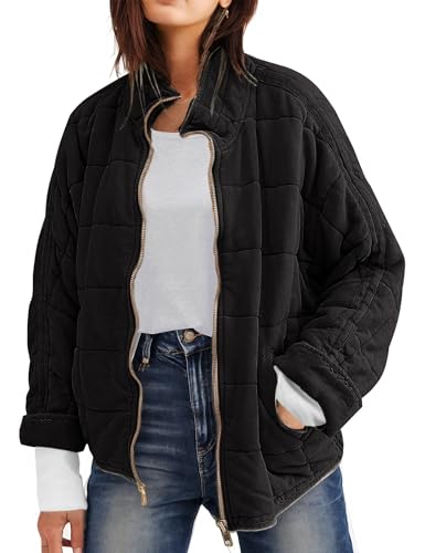 Wefebi Womens Dolman Quilted Lightweight Jackets Full-zip Stand Collar Loose Warm Winter Outwears with Pockets(0003-Black-M)