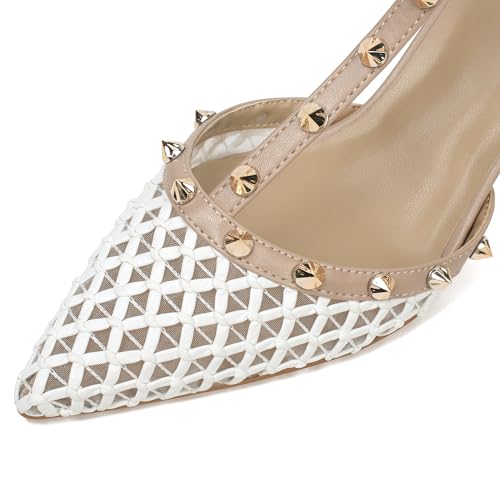 Image of XINIUNIU Studded Heels for Women Kitten Heels with Studs Stiletto Sandals with Rivet Ankle Strap Patent Leather Pointy Toe 2.5 Inch Party Daily Wear Evening Sandals
