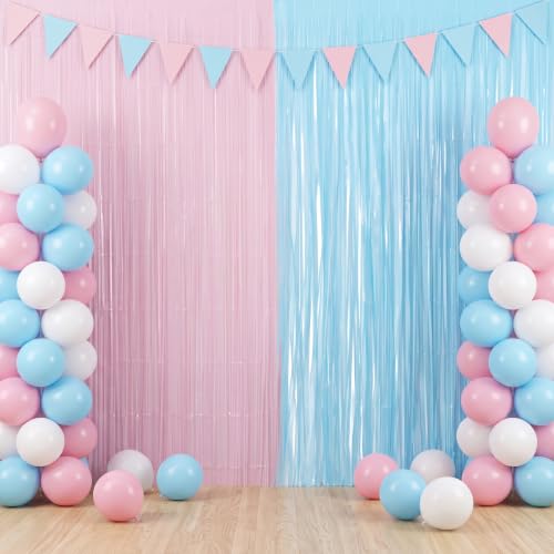 Image of TONIFUL 2Pcs Blue and Pink Metallic Tinsel Foil Fringe Curtains Streamers
