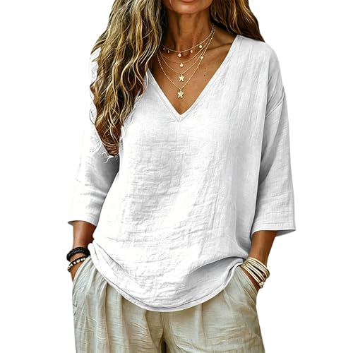Hemp Clothing Women Womens Summer Tops Casual Linen Cotton Tunic Blouse 3/4 Sleeve Peasant Gauze Shirts V Neck Loose Fit Beach Vacation Tees 2026 Resort Wear White