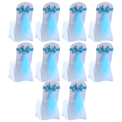 Confezione da 10 fasce elastiche per sedia, con fiocco decorativo e fibbia, ideali per decorazioni di matrimoni e feste, adatte a sedie di diverse dimensioni (azzurro)