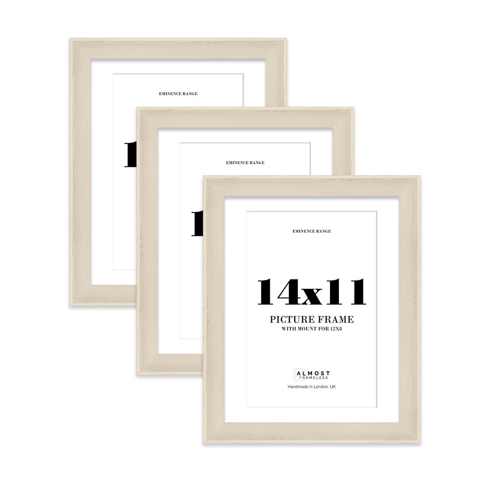 14x11" Cream Picture Frame with 12x8" Mount - Shabby Chic Photo Frame with Distressed Finish, Wall Hooks and Kickstand, 32mm Edge - 3 Pack