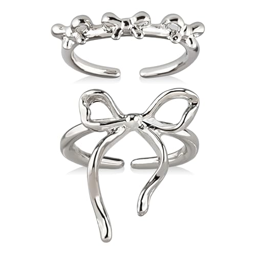 2pcs Silver Bow Ring,Finger Rings Wedding Rings,Silver Rings Open Adjustable Rings,Cute Rings Bow Rings for Women,Mothers Day Valentines Day Wedding Anniversary Birthday Gifts