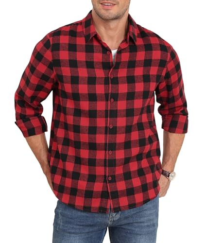 QUEZHU Flanellhemd Herren Kariertes Hemd Langarm Herren Kariert Freizeithemd Button Down Casual Western Regular Fit Rot L