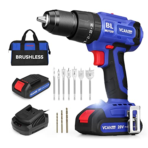 Vcanenergy 20V Brushless Cordless Power Drill, 25+3 Hammer Drill Driver, 530 In-Lbs Torque, 1/2” Metal Keyless Chuck, 2-Variable Speeds With 1X2.0Ah Batteries And Charger #TOP25